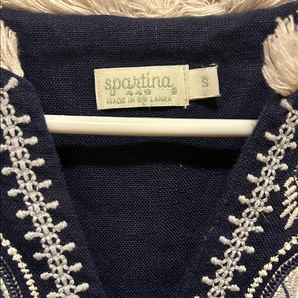 Spartina 449 Navy V-Neck Sweater with Intricate Embroidery